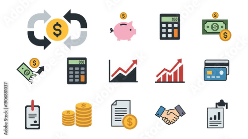 Financial icons representing currency savings investment and business transactions