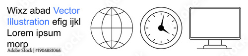 Global communication, time tracking, workplace efficiency, technology, productivity, education. Simple globe, analog clock and computer monitor icons. Global communication and time tracking theme