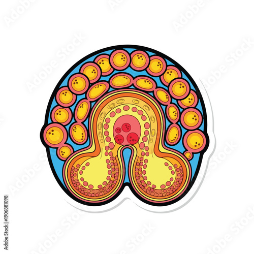 Graphic illustration of a stylized cell or microorganism with vibrant colors and abstract shapes, viewed from a direct perspective, referencing concept 'pektor175.eps'