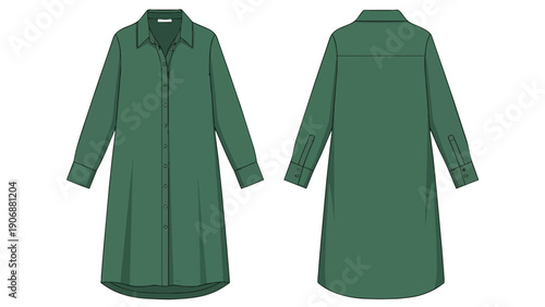 Elegant emerald green women's long sleeve shirt dress flat technical sketch showcasing front and back views perfect for fashion design and apparel
