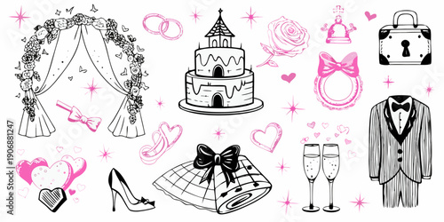 Wedding themed doodles cake rings attire and celebratory elements