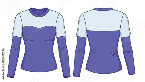 Fashion blueprint showcasing a dual-tone women's long-sleeve tee with a short-sleeve overlay design front and back technical illustration artwork