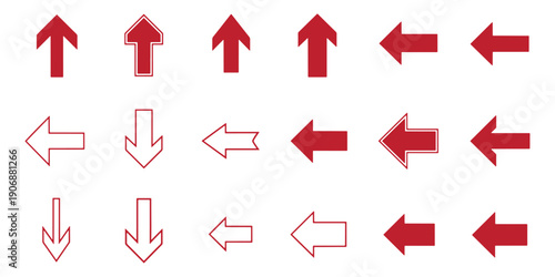 Vector set of red directional arrow icons, collection of navigation pointers and bold red symbols for web UI, alert and mobile app design.