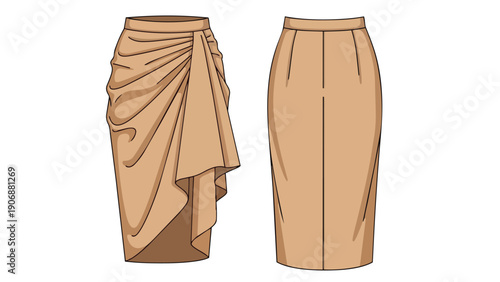 Fashion illustration of a modern draped pencil skirt featuring a chic asymmetric design and structured tailoring