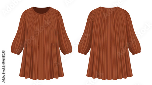 Fashionable terracotta long-sleeved pleated tunic dress showcasing both front and back views. This versatile garment features elegant vertical folds