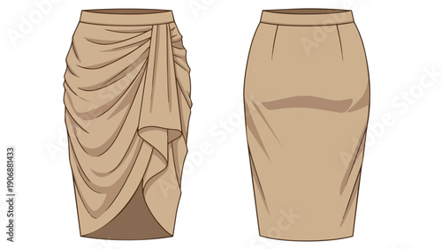 Fashion sketches of two distinct beige skirts: a draped front design and a smooth pencil skirt, excellent for textile artists and garment creators