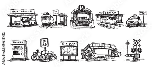 A hand-drawn style illustration showing different modes of public transportation and infrastructure. Perfect for city planning, transit system branding, travel guides, or website design.