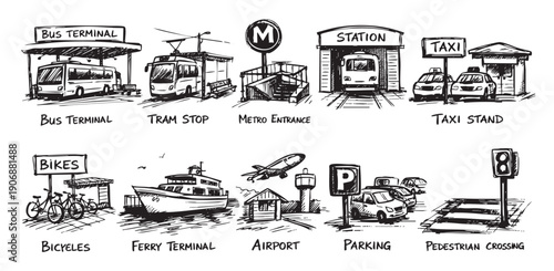 A hand-drawn style illustration showing different modes of public transportation and infrastructure. Perfect for city planning, transit system branding, travel guides, or website design.