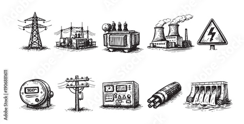 A hand-drawn style vector illustration of various electrical and power generation facilities. Use for industrial, educational, or technology themed designs.