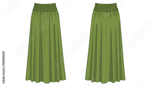 Vivid olive green long flowing maxi skirts featuring comfortable shirred elasticated waistband and gentle pleats ideal for casual fashion apparel