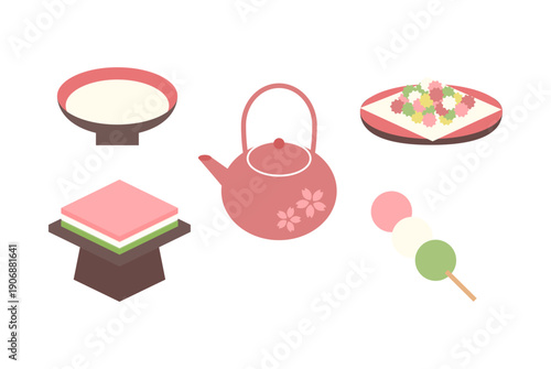 ひな祭りの和菓子と飲み物を描いたかわいいベクターイラスト素材