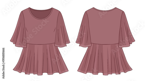 Fashion flat sketch of a chic women's flowing dusty rose blouse with elegant bell sleeves and a gathered peplum hem, showing both front and back