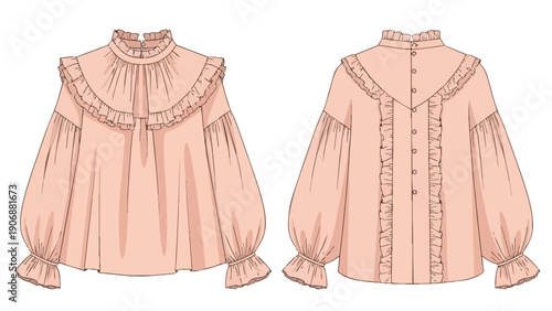 Elegant Victorian-inspired blouse technical flat sketch featuring a dramatic ruffled collar voluminous bishop sleeves and unique back button closure