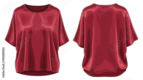 An elegant oversized crimson top presented with both front and rear views, showcasing fluid fabric drape and subtle shading effects. This versatile