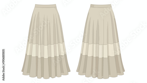 Minimalist elegant flowing pleated maxi skirt illustration for women's fashion design, showcasing a neutral earthy tone with subtle contrasting