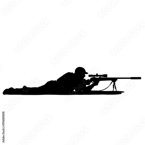 Silhouette of a Sniper Aiming His Rifle on the Ground.