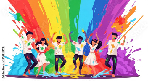 Diverse group of people celebrating Holi festival with colorful powder joyful outdoor party concept vibrant celebration illustration