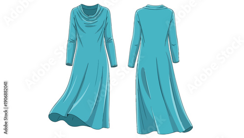 Fluid teal long-sleeve maxi dress flat sketch showcasing front and back apparel design with draped cowl neck