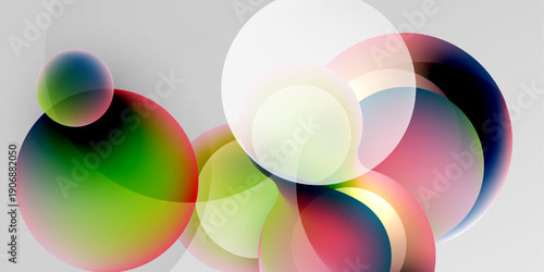 Abstract composition featuring overlapping colorful circles. Soft gradients create luminous, ethereal forms against dark background.