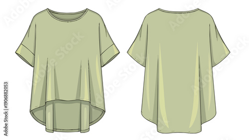 Contemporary loose-fit blouse technical drawing in pale green with rounded neckline and flowing silhouette