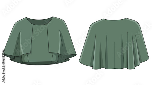 Sophisticated sage green layered cape top fashion flat sketch technical drawing illustration presenting detailed front and back views for modern