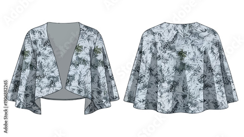 Contemporary women's fashion shrug illustration with a unique abstract botanical pattern in versatile cool grey and subtle green hues, ideal for