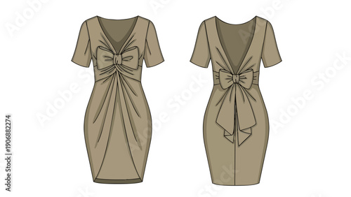 Chic taupe bow detail dress design. Short sleeves. Front and back views. Fashion apparel illustration. Modern elegant style for women's clothing