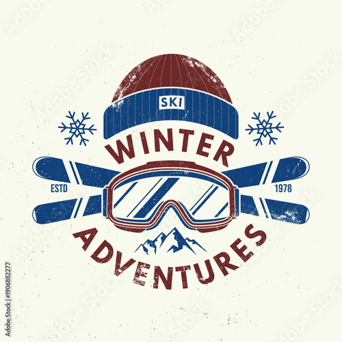 Winter adventures. Vector ski club retro badge, textile patch. Concept for shirt, print, seal or stamp with mountain, ski glasses, winter sport hat. Family vacation, activity or travel. For logo