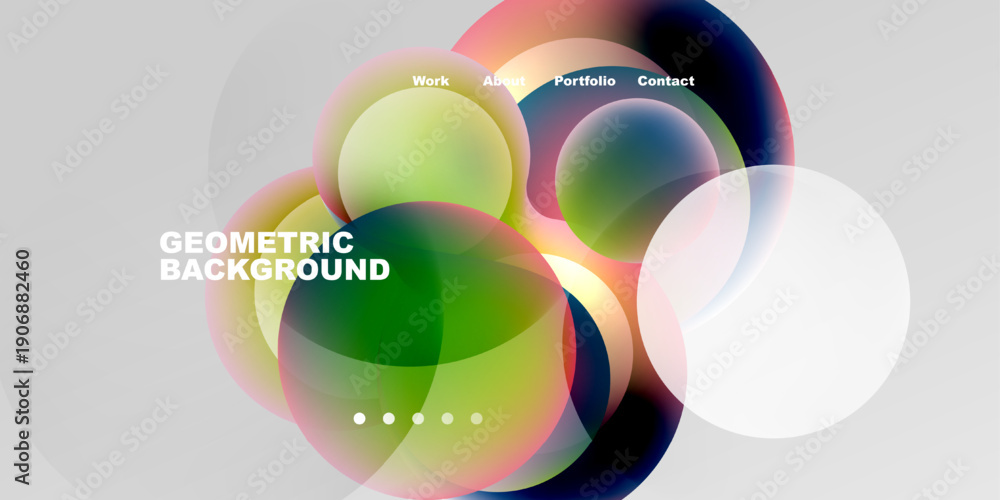 Fototapeta premium Abstract colorful circles overlap, creating dynamic visual effect. Text labels present work, about, portfolio, contact options.