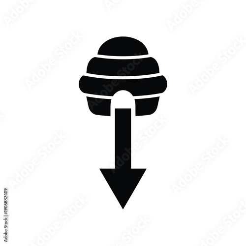Beehive with entrance and downward arrow, symbolizing honey production and flow into hive