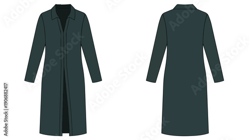 Minimalist dark green long coat flat technical sketch front and back views for fashion design projects