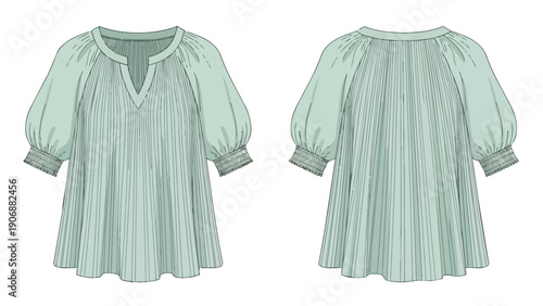 Fashion flat illustration women's modern blouse notched V-neck puffed sleeves smocked cuffs vertical pleats relaxed flowing silhouette front back
