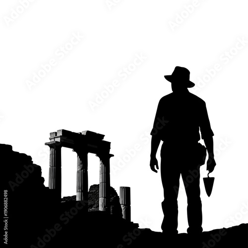 Silhouette of an Archaeologist Exploring Ancient Ruins with Trowel.