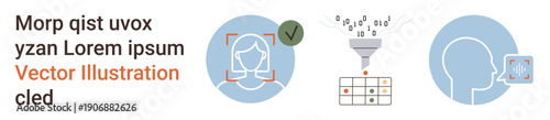 Identity verification, biometrics, digital security, data accuracy, face recognition, AI technology. a face scan, digital funnel and profile scanning. Identity verification and biometrics concept