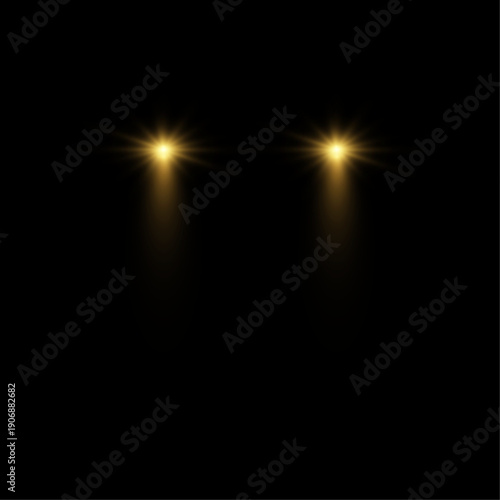 Car lights effect on transparent backdrop. Isolated yellow headlights. Realistic automobile flares. Bright car beams concept. Rays on road. Vector illustration 