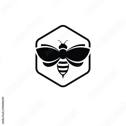 Hexagonal honeybee logo design with stylized wings and striped body set inside geometric frame border for bee brand