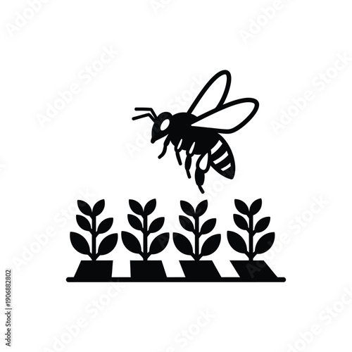 Pollination process honey bee flying over agricultural crop plants icon apiculture in nature farm field illustration