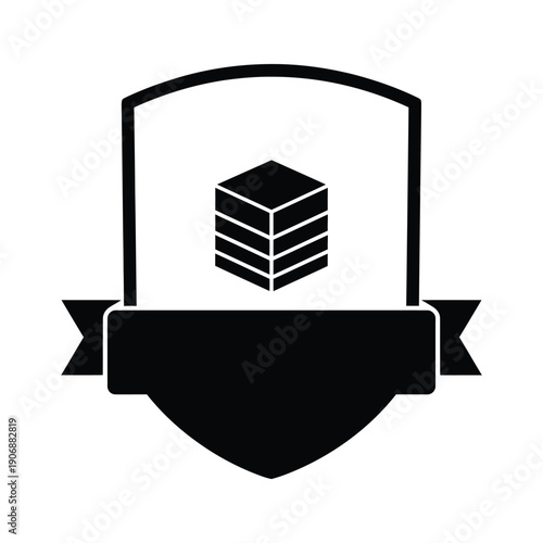 Beehive badge shield icon with ribbon banner quality assurance logo for honey production apiary farm certificate mark