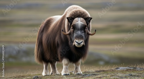 Musk ox standing on Arctic tundra, showing long shaggy fur and curved horns. A large herbivorous mammal adapted to extreme cold and harsh polar environments.