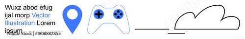 Gaming industry, cloud computing, geolocation, technology integration, digital entertainment, online services. Gaming controller, cloud and pin icon appear. Gaming industry and cloud computing