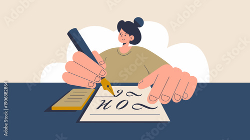woman practicing elegant calligraphy with pen and ink on paper, hand lettering and typography art concept