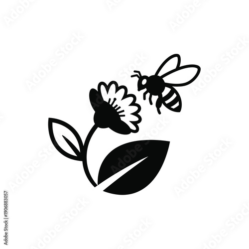 Bee hovering near wildflower with leaves vector illustration on white