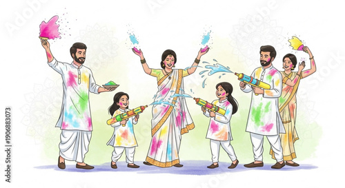Indian family celebrating Holi festival with colorful powder and water guns joyful cultural tradition illustration on white background
