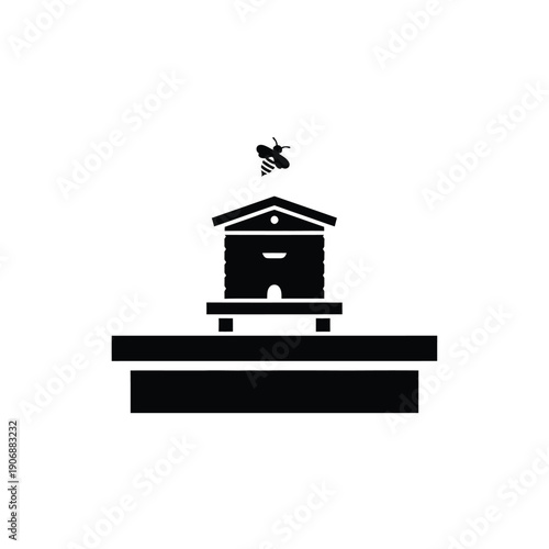 Black bee hive house silhouette icon set on simple platform background for beekeeping farm products and honey business