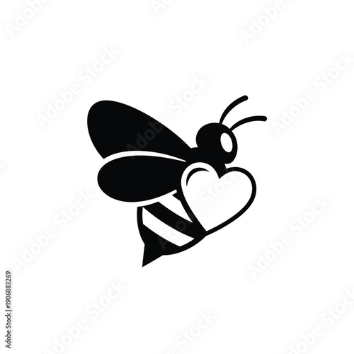 Minimalist flying bee icon incorporating heart shape for love of nature and honeybee conservation awareness campaigns