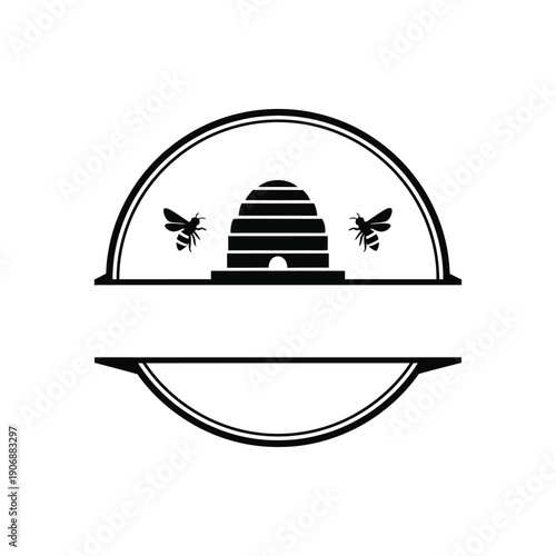 Bee hive icon, honey production emblem with two bees flying, beekeeping symbol isolated on white background