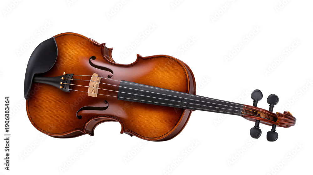 Fototapeta premium Brown violin with a black tip sits on a white background