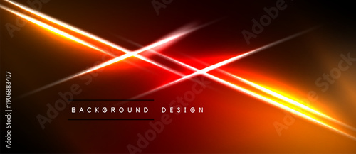Abstract background features vibrant orange, red lines. Diagonal streaks intersect creating dynamic light effect. Dark space dominates composition.