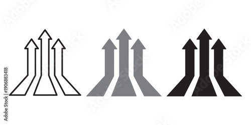 Vector set of three upward growth arrows merging into one, collection of triple direction pointers and success symbols for business infographic design.