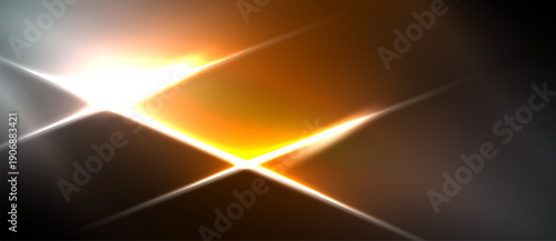 Bright starburst pattern dominates dark background. Orange, white light radiates from central point, creating dynamic effect.